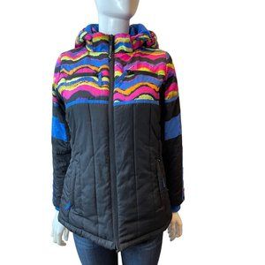 Rothschild Girls Vintage Retro Winter Puffer Coat Neon Stripes Black SZ X Large
